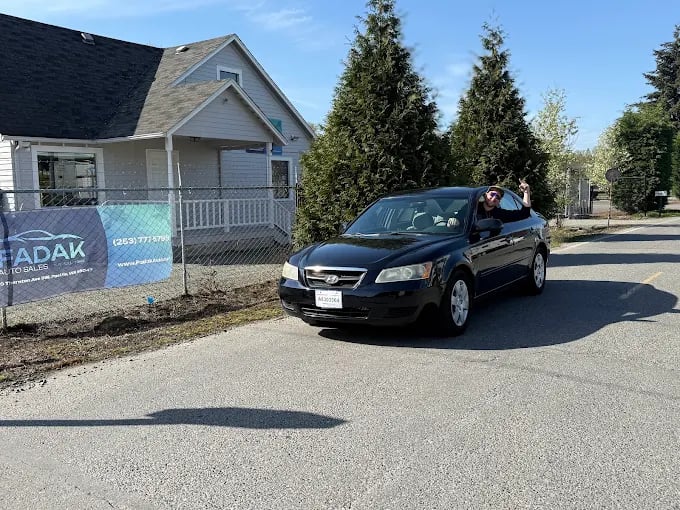 Black sedan parked on residential street with trees and house