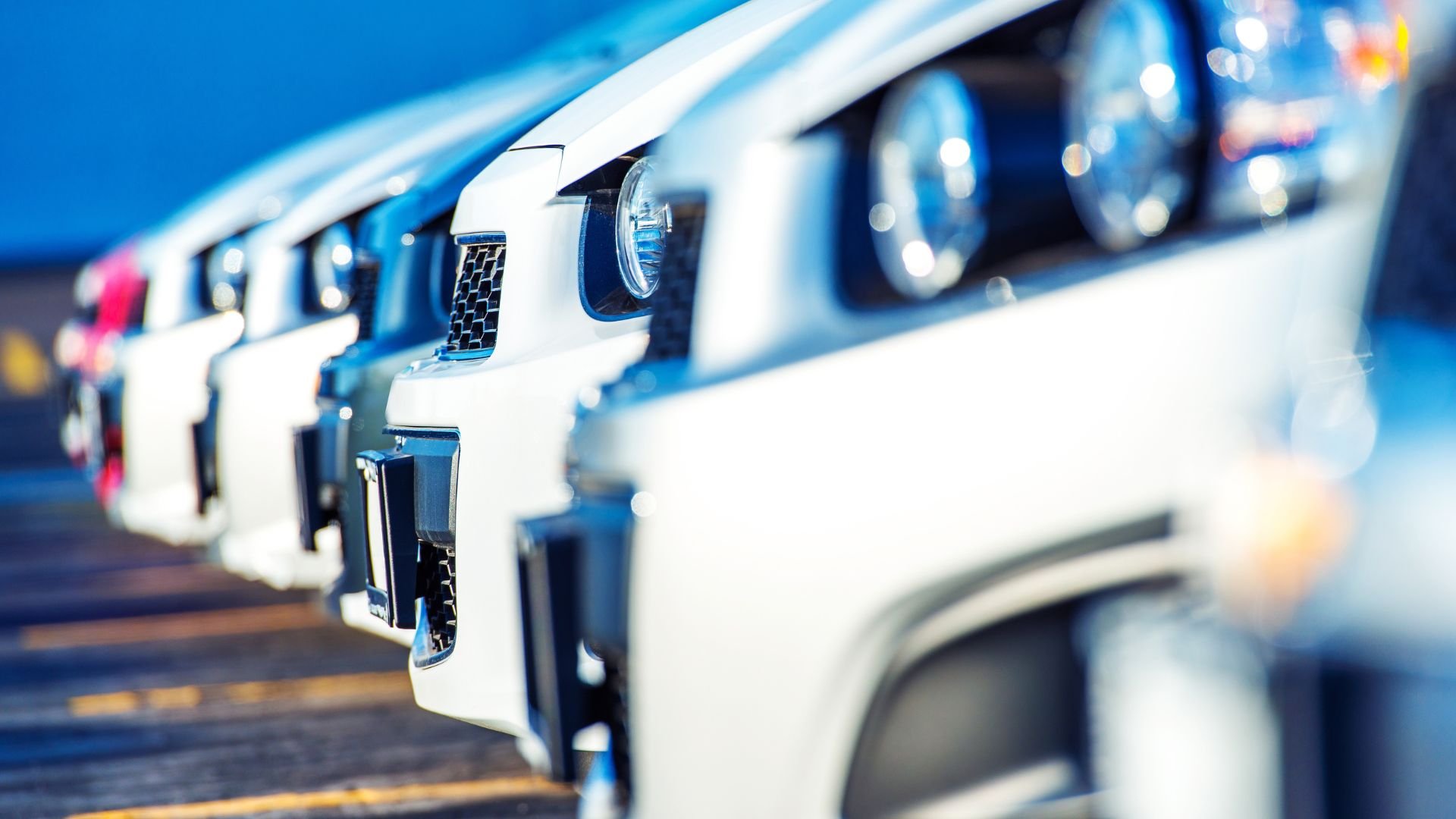 Row of white cars with headlights, showcasing automotive dealership inventory